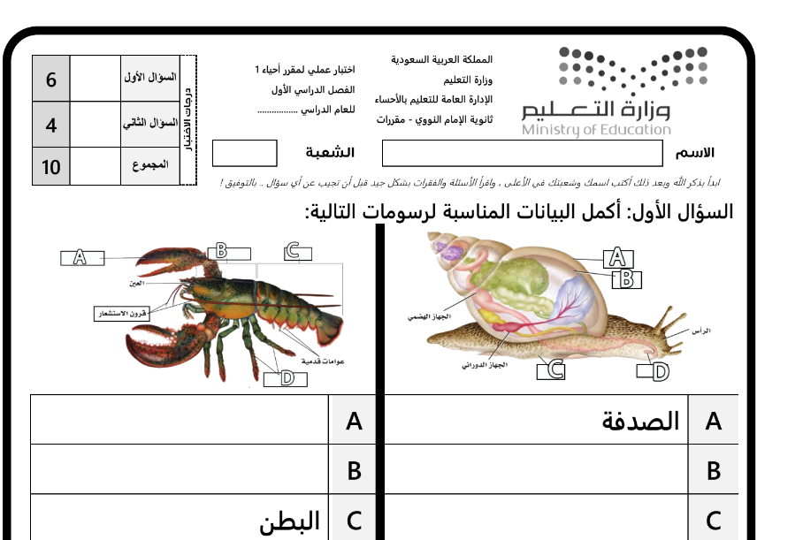 اختبار عملي احياء 1 اول ثانوي مسارات الفصل الاول 1446