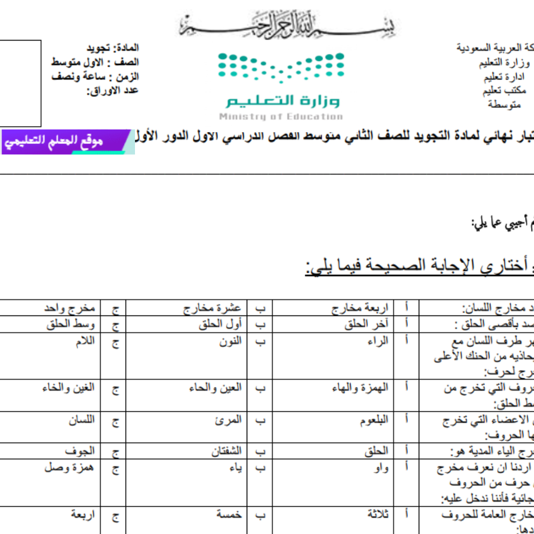 اختبار نهائي تجويد ثاني متوسط الفصل الاول 1447