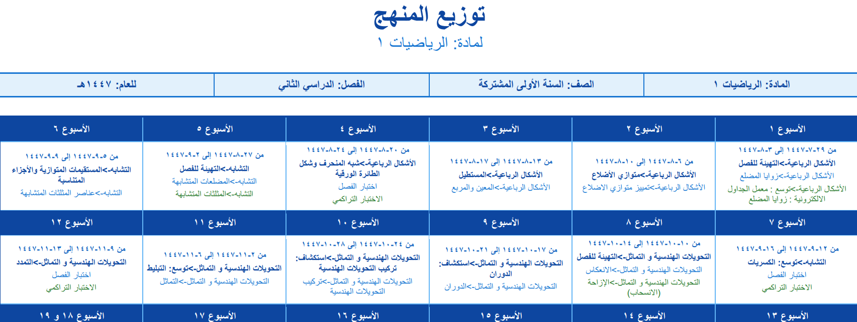 توزيع الرياضيات اول ثانوي مسارات الفصل الثاني 1447