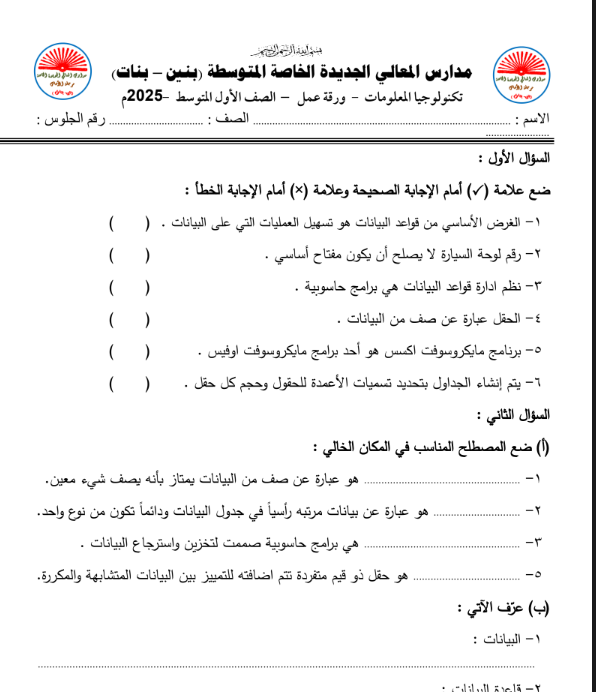 ورقة عمل تكنولوجيا المعلومات الصف الاول المتوسط السودان 2025 pdf