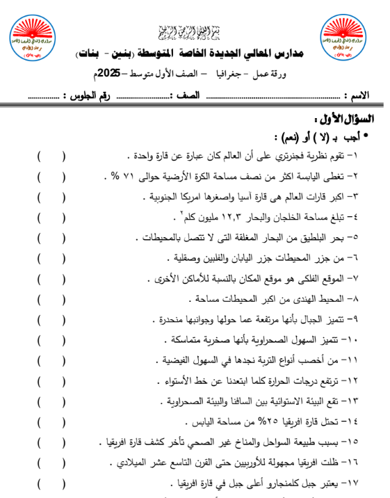 اوراق عمل مادة الجغرافيا الصف الاول المتوسط المنهج السوداني 2025 pdf