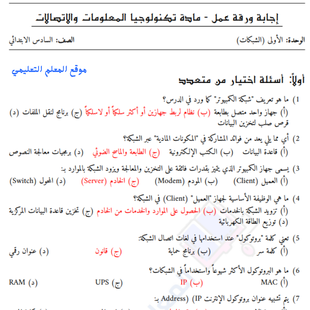 اوراق عمل تكنولوجيا المعلومات الصف السادس السودان pdf 2026
