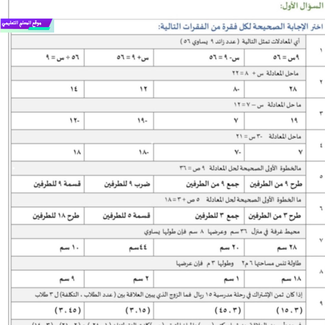 اختبار الفترة الثانية رياضيات اول متوسط الفصل الاول 1447