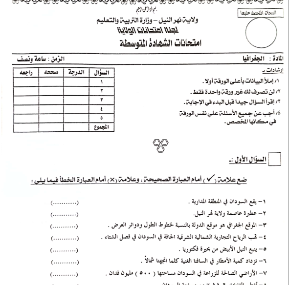 امتحان الجغرافيا الشهادة المتوسطة السودانية pdf 2026