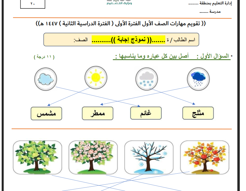 اختبار الفترة الاولى علوم اول ابتدائي الفصل الثاني 1447