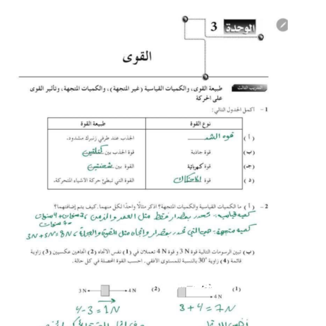 حل تمارين الفيزياء الباب الثالث القوى اول ثانوي مناهج ليبيا