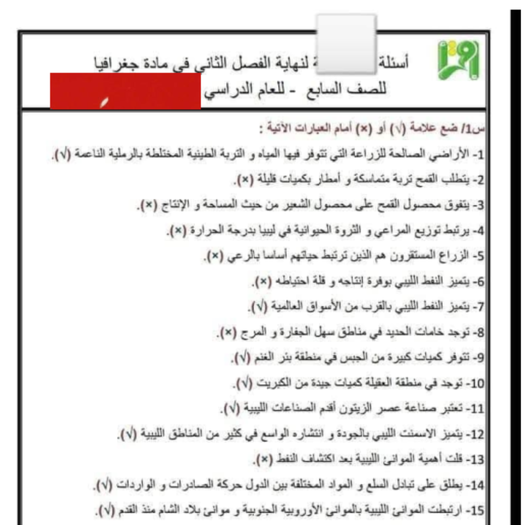 مراجعة الجغرافيا الصف السابع الفصل الثاني ليبيا