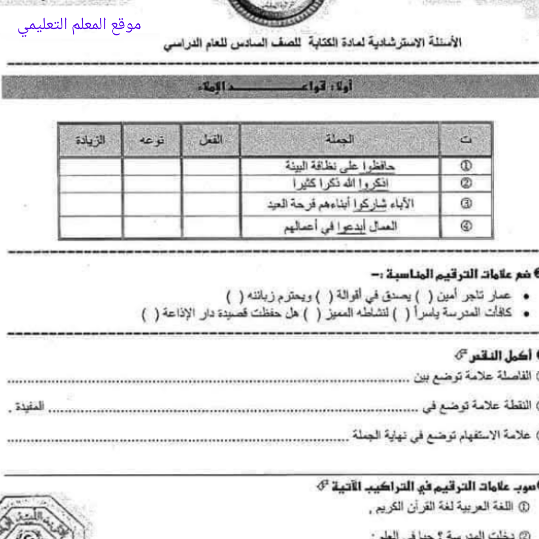 اسئلة استرشادية مادة الكتابة الصف السادس الفصل الثاني ليبيا