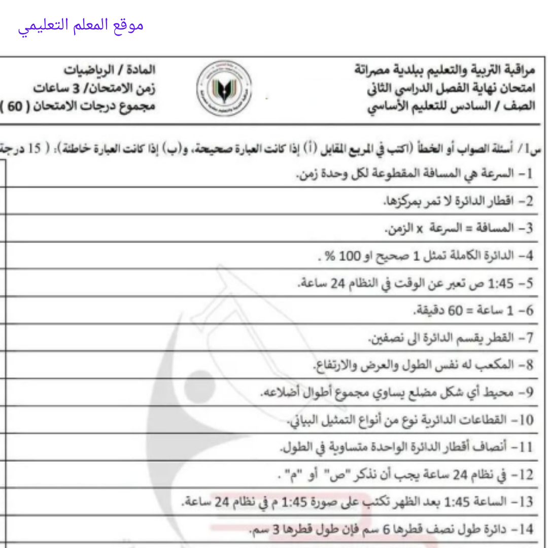 امتحان نهائي رياضيات الصف السادس الفصل الثاني مناهج ليبيا
