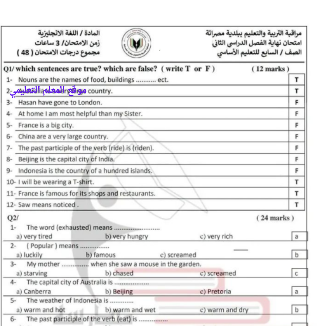 امتحان نهائي انجليزي الصف السابع الفصل الثاني ليبيا