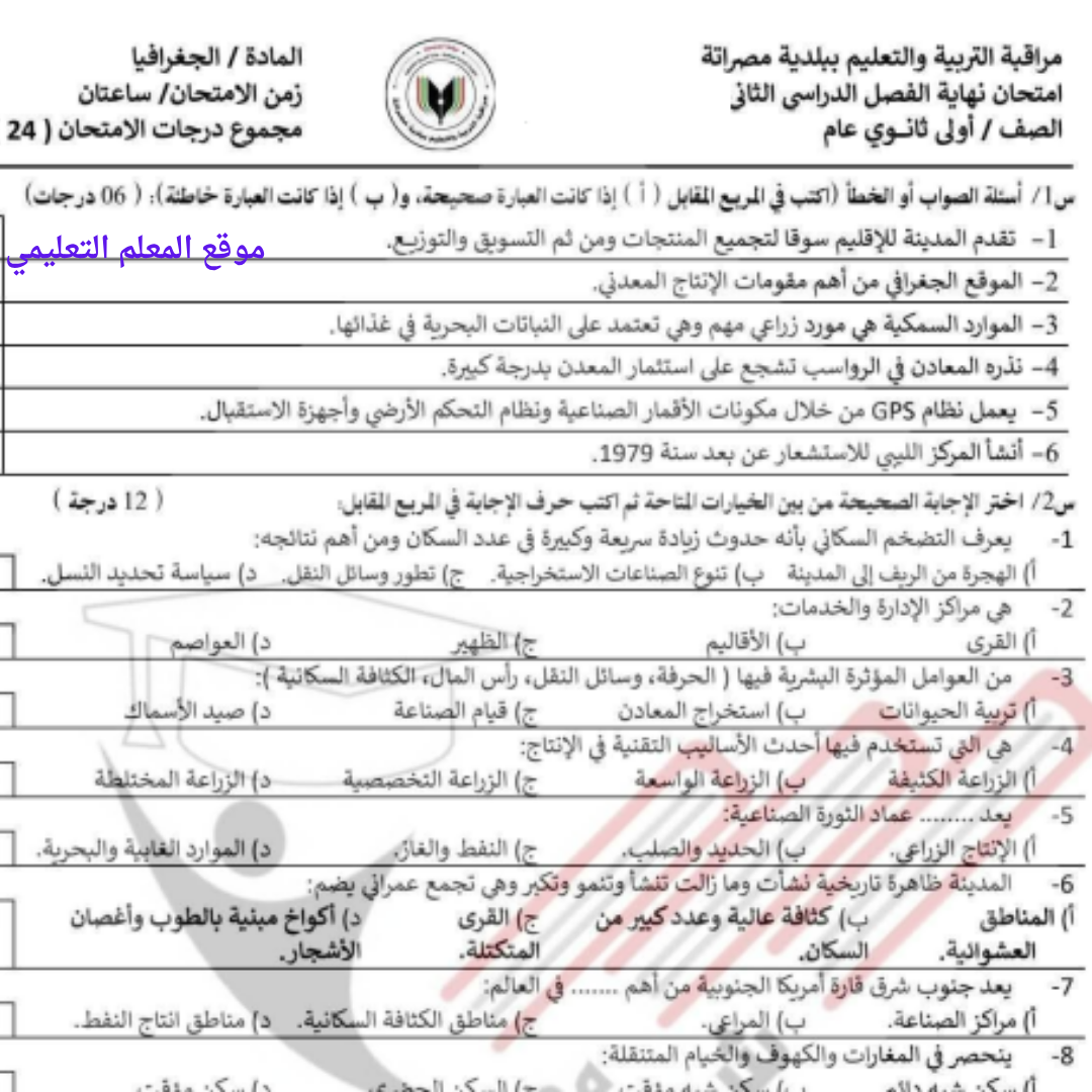 امتحان نهائي جغرافيا اول ثانوي الفصل الدراسي الثاني ليبيا