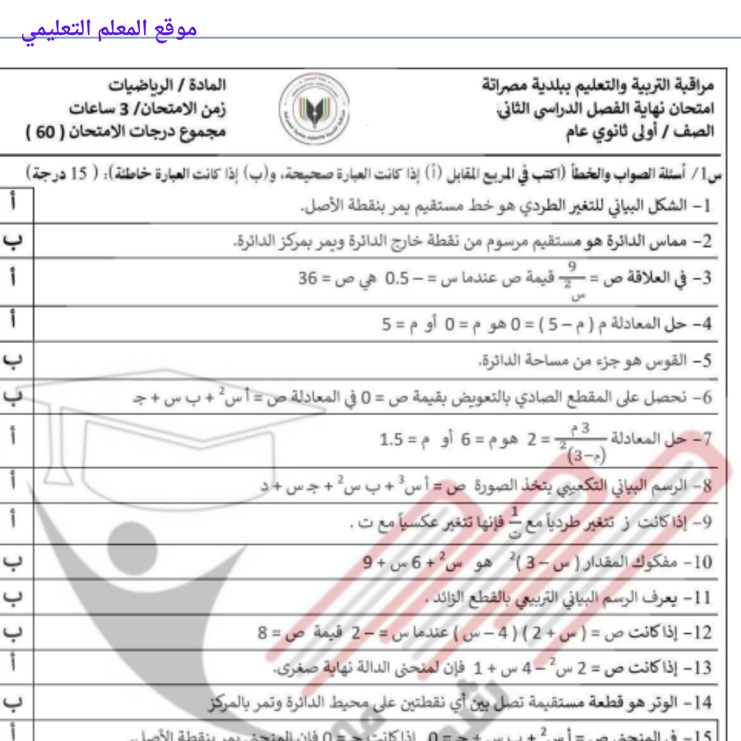 امتحان نهائي رياضيات اول ثانوي الفصل الثاني ليبيا