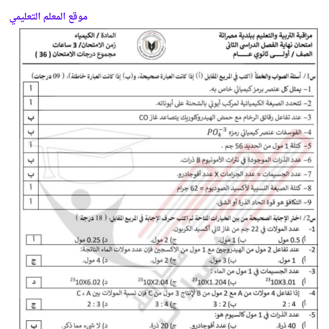 امتحان نهائي كيمياء اول ثانوي الفصل الثاني ليبيا