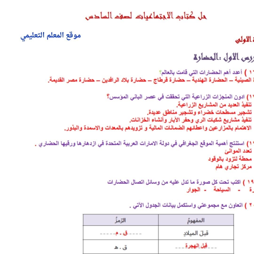 حل كتاب الدراسات الاجتماعية سادس ابتدائي الفصل الاول الامارات 2026