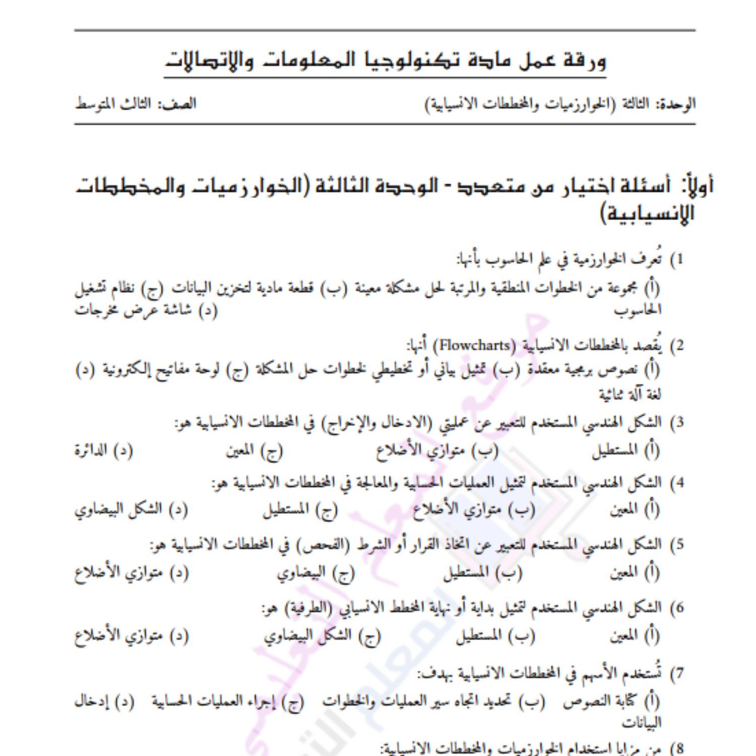 ورقة عمل الوحدة الثالثة تكنولوجيا المعلومات ثالث متوسط السودان pdf